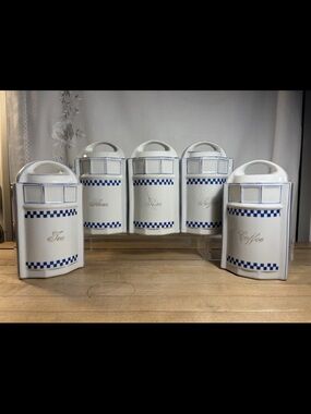 Vintage White and Blue Ceramic Tea, Coffee & Pantry Canister Set